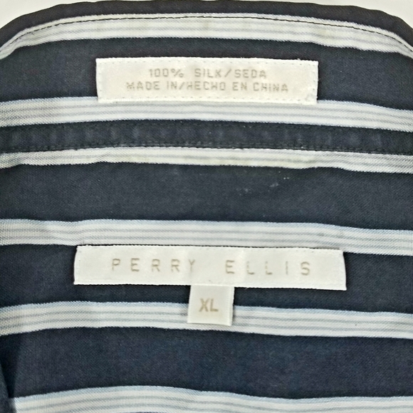 Perry Ellis Silk Striped Navy Button Down Shirt - Picture 5 of 7